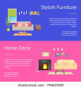 Stylish furniture and home decor web pages collection with headlines and text sample, buttons and image of safe and pillows vector illustration