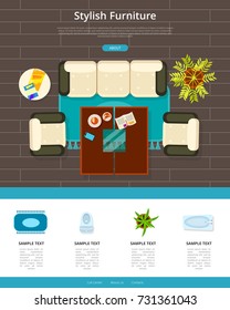 Stylish furniture poster with interior of living room with coffee table surrounded by sofa and armchairs. Vector illustration with space for text and buttons