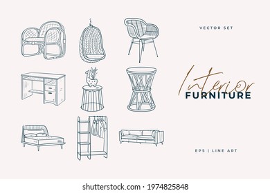 Stylish furniture set. Home decor line art drawing. Doodle illustration. Stay home. Minimal vintage style. Doodle plant vector illustration. Pure nature organic brush. Line drawing. 