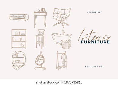 Stylish furniture set. Home decor line art drawing. Doodle illustration. Stay home. Minimal vintage style. Doodle plant vector illustration. Pure nature organic brush. Line drawing. 