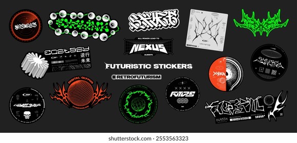 Stylish futuristic cyberpunk stickers, minimalist stickers, patches, labels with gothic calligraphy, inscriptions, labels streetwear, typography. Vector. Translation from Japanese: Retrograde future