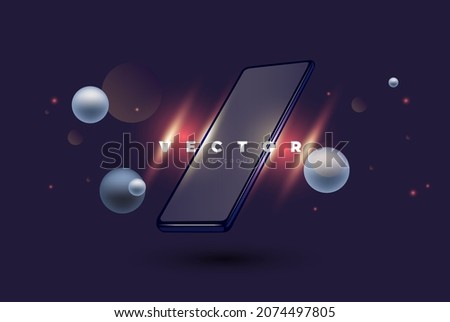 Stylish futuristic vector template with smartphone and flying balls and sparkling on the black background