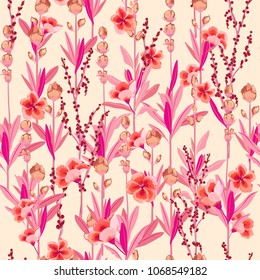 Stylish Garden florals pattern in the many kind of flowers. Tropical botanical . Seamless vector texture.fashion prints. Printing with in hand drawn style on light pink background.