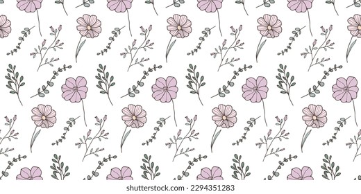 Stylish gentle vector floral seamless pattern with pink flowers, branches, bushes. Pattern for textiles, covers, wrapping paper, dishes