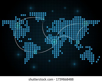 Stylish geographic background of the digital world map from rectangles. Vector graphics on a dark blue geometric background.
