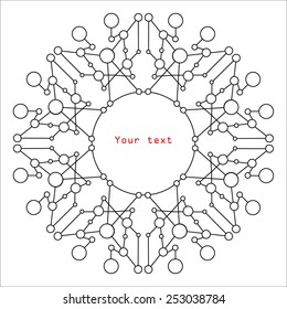 stylish geometric abstraction with circles and lines with red text on white background, graphic element or header background