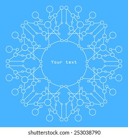 stylish geometric abstraction with circles and lines with text on blue background, graphic element or header background
