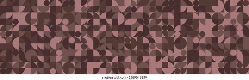 Stylish geometric background featuring a repeating pattern of circles, semicircles, and squares in muted brown tones.