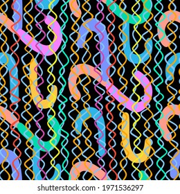 Stylish geometric background made of isolated colorful bold curved lines with Rabitz grid texture. Memphis style. Seamless design.