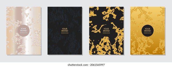 Stylish geometric cover design. Dynamic gold, white, black pattern, grunge texture. Collection of vertical templates for business background, magazine layout, brochure, booklet, flyer.