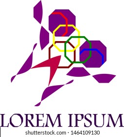 Stylish geometric logo in purple, framing linked colorful octagons , Represents friendship and fair play competitiveness.