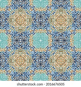Estiloso estilo Mandala geométrica sin fisuras en vectores, fondo. abstracto. patrón. Resumen del fondo caleidoscopio sobre turquesa con azul.