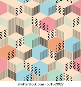 Stylish geometric ornament from cubic from lines and color filling, in orange, pink, blue and black colors a seamless pattern on a beige background.