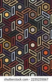 Stylish geometric ornament of multicolored hexagons and rectangles on a black background. Seamless repeating pattern. Abstract mosaic style. Decorative vector image.