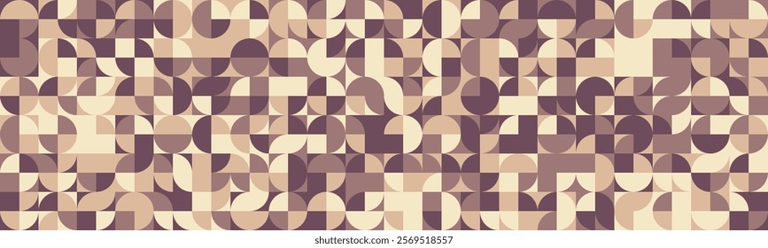 Stylish geometric pattern featuring beige and brown semi-circles and squares. Ideal for website backgrounds, textile prints, or modern design projects.  Clean, versatile, and visually appealing.