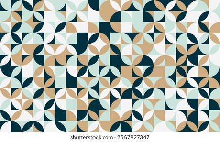Stylish geometric pattern featuring a repeating design of circles, squares, and triangles in muted teal, beige, and dark green. Ideal for website backgrounds, textile prints, or modern branding.