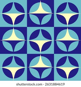 Stylish geometric pattern featuring star shapes within circles in light blue and cream tones. Ideal for fashion design, digital textile prints, and home decor applications.