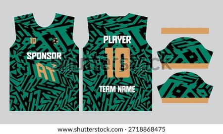 Stylish geometric pattern sports jersey template featuring bold typography and modern athletic layout. Ideal for football, basketball, esports teams, training kits, and customizable sportswear designs.