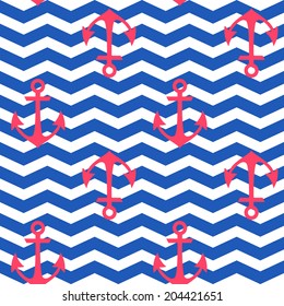 Stylish geometric seamless nautical pattern with anchors silhouettes on zigzag wavy background