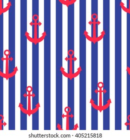 Stylish geometric seamless nautical pattern with anchors  and blue stripes. Design element for wallpapers, baby shower invitation, birthday card, scrapbooking, fabric print etc. Vector illustration. 