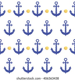 Stylish geometric seamless nautical pattern with blue anchors and gold dots. Design element for wallpapers, baby shower invitation, birthday card, scrapbooking, fabric print etc. Vector illustration. 