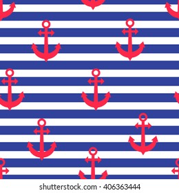 Stylish geometric seamless nautical pattern with anchors and blue stripes. Design element for wallpapers, baby shower invitation, birthday card, scrapbooking, fabric print etc. Vector illustration. 