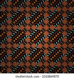 Stylish geometric seamless pattern. Modern vector linear ornament. Regularly repeating tiles grids with black, orange and red dots, polygons, hexagons, rhombuses, difficult polygonal outline shapes.
