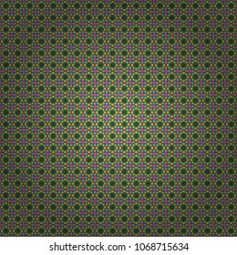 Stylish geometric seamless pattern. Modern vector linear ornament. Regularly repeating tiles grids with pink, brown and blue dots, polygons, hexagons, rhombuses, difficult polygonal outline shapes.