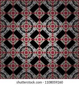 Stylish geometric seamless pattern. Modern vector linear ornament. Regularly repeating tiles grids with black, red and gray dots, polygons, hexagons, rhombuses, difficult polygonal outline shapes.