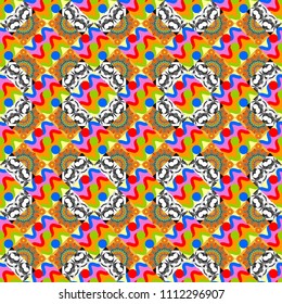 Stylish geometric seamless pattern. Modern vector linear ornament. Regularly repeating tiles grids with gray, yellow and blue dots, polygons, rhombuses, difficult polygonal outline shapes.