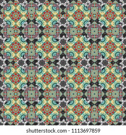 Stylish geometric seamless pattern. Modern vector linear ornament. Regularly repeating tiles grids with blue, gray and beige dots, polygons, hexagons, rhombuses, difficult polygonal outline shapes.