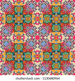Stylish geometric seamless pattern. Modern vector linear ornament. Regularly repeating tiles grids with blue, beige and pink dots, polygons, hexagons, rhombuses, difficult polygonal outline shapes.