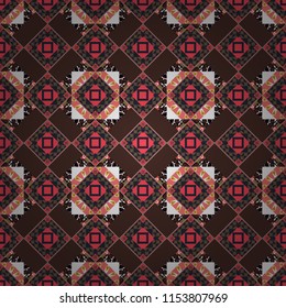 Stylish geometric seamless pattern. Modern vector linear ornament. Regularly repeating tiles grids with brown, gray and pink dots, polygons, hexagons, rhombuses, difficult polygonal outline shapes.