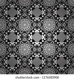 Stylish geometric seamless pattern. Modern vector linear ornament. Regularly repeating tiles grids with white, gray and black dots, polygons, hexagons, rhombuses, difficult polygonal outline shapes.