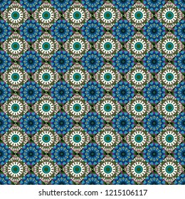 Stylish geometric seamless pattern. Modern vector linear ornament. Regularly repeating tiles grids with white, blue and green dots, polygons, hexagons, rhombuses, difficult polygonal outline shapes.