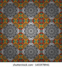 Stylish geometric seamless pattern. Modern vector linear ornament. Regularly repeating tiles grids with blue, orange and gray dots, polygons, hexagons, rhombuses, difficult polygonal outline shapes.