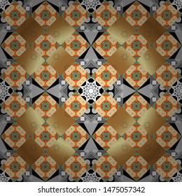 Stylish geometric seamless pattern. Modern vector linear ornament. Regularly repeating tiles grids with beige, orange and gray dots, polygons, hexagons, rhombuses, difficult polygonal outline shapes.