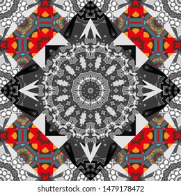 Stylish geometric seamless pattern. Modern vector linear ornament. Regularly repeating tiles grids with brown, gray and blue dots, polygons, hexagons, rhombuses, difficult polygonal outline shapes.