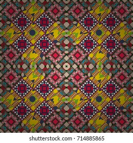Stylish geometric seamless pattern. Modern vector linear ornament. Regularly repeating tiles grids with beige, red and green dots, polygons, hexagons, rhombuses, difficult polygonal outline shapes.
