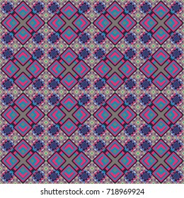 Stylish geometric seamless pattern. Modern vector linear ornament. Regularly repeating tiles grids with pink, violet and blue dots, polygons, hexagons, rhombuses, difficult polygonal outline shapes.