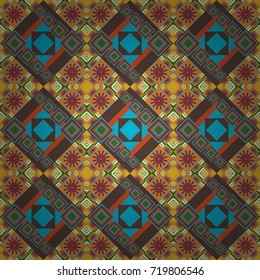 Stylish geometric seamless pattern. Modern vector linear ornament. Regularly repeating tiles grids with orange, brown and blue dots, polygons, hexagons, rhombuses, difficult polygonal outline shapes.