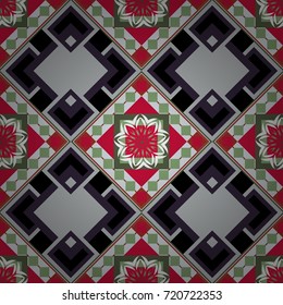 Stylish geometric seamless pattern. Modern vector linear ornament. Regularly repeating tiles grids with red, gray and violet dots, polygons, hexagons, rhombuses, difficult polygonal outline shapes.