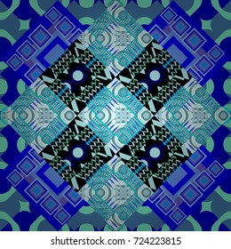 Stylish geometric seamless pattern. Modern vector linear ornament. Regularly repeating tiles grids with black, violet and blue dots, polygons, hexagons, rhombuses, difficult polygonal outline shapes.