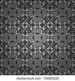 Stylish geometric seamless pattern. Modern vector linear ornament. Regularly repeating tiles grids with black, white and gray dots, polygons, hexagons, rhombuses, difficult polygonal outline shapes.