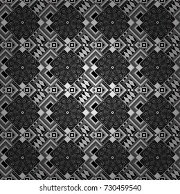Stylish geometric seamless pattern. Modern vector linear ornament. Regularly repeating tiles grids with white, gray and black dots, polygons, hexagons, rhombuses, difficult polygonal outline shapes.