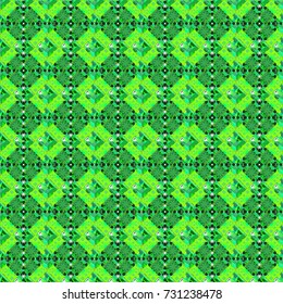 Stylish geometric seamless pattern. Modern vector linear ornament. Regularly repeating tiles grids with black, white and green dots, polygons, hexagons, rhombuses, difficult polygonal outline shapes.