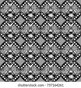 Stylish geometric seamless pattern. Modern vector linear ornament. Regularly repeating tiles grids with gray, black and white dots, polygons, hexagons, rhombuses, difficult polygonal outline shapes.