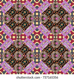 Stylish geometric seamless pattern. Modern vector linear ornament. Regularly repeating tiles grids with pink, black and gray dots, polygons, hexagons, rhombuses, difficult polygonal outline shapes.