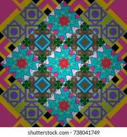 Stylish geometric seamless pattern. Modern vector linear ornament. Regularly repeating tiles grids with green, pink and blue dots, polygons, hexagons, rhombuses, difficult polygonal outline shapes.