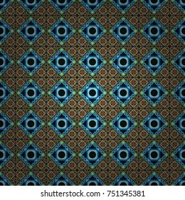 Stylish geometric seamless pattern. Modern vector linear ornament. Regularly repeating tiles grids with blue, black and brown dots, polygons, hexagons, rhombuses, difficult polygonal outline shapes.